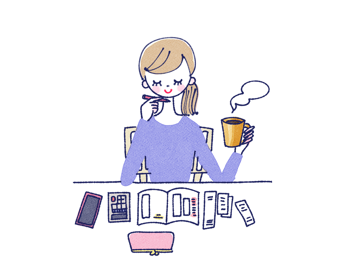 コーヒーを片手にプランを考えてる女性のイラスト（ATAYCブログ用）