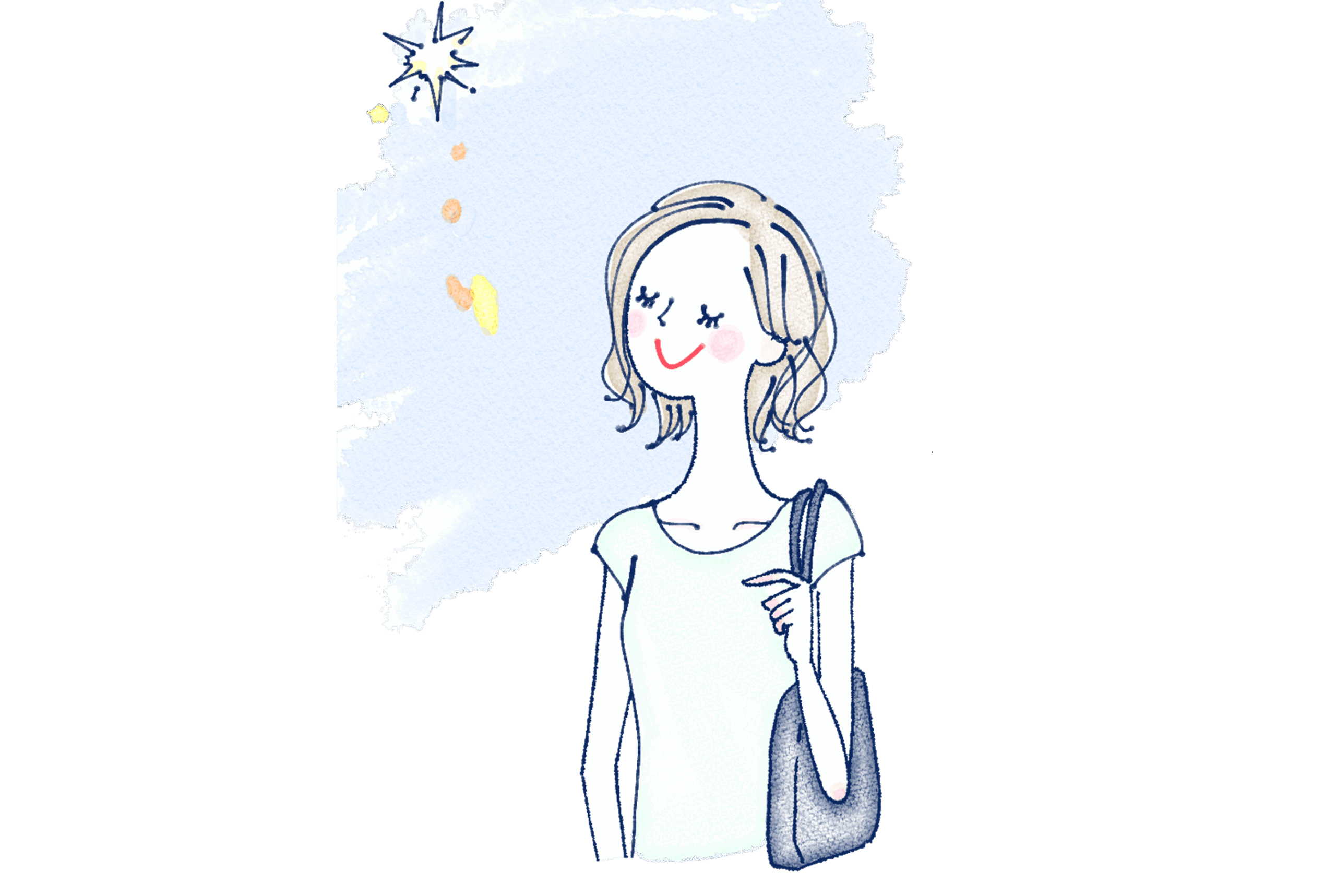 空を見上げプランを考えてる女性のイラスト（ATAYCブログ用）