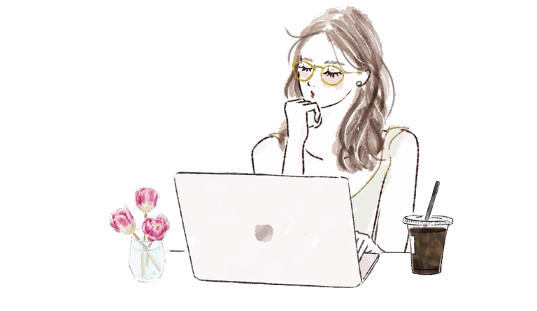 PCで考え込む女性のイラスト（ATAYCブログ用）