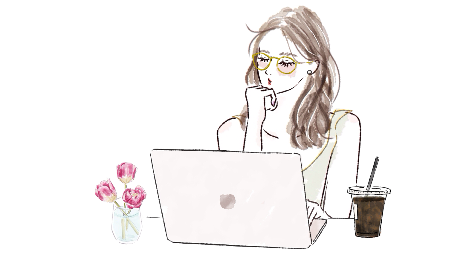 PCで考え込む女性のイラスト（ATAYCブログ用）