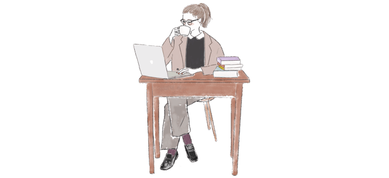 コーヒーを飲みながらマ考え込む女性のイラスト（ATAYCブログ用）