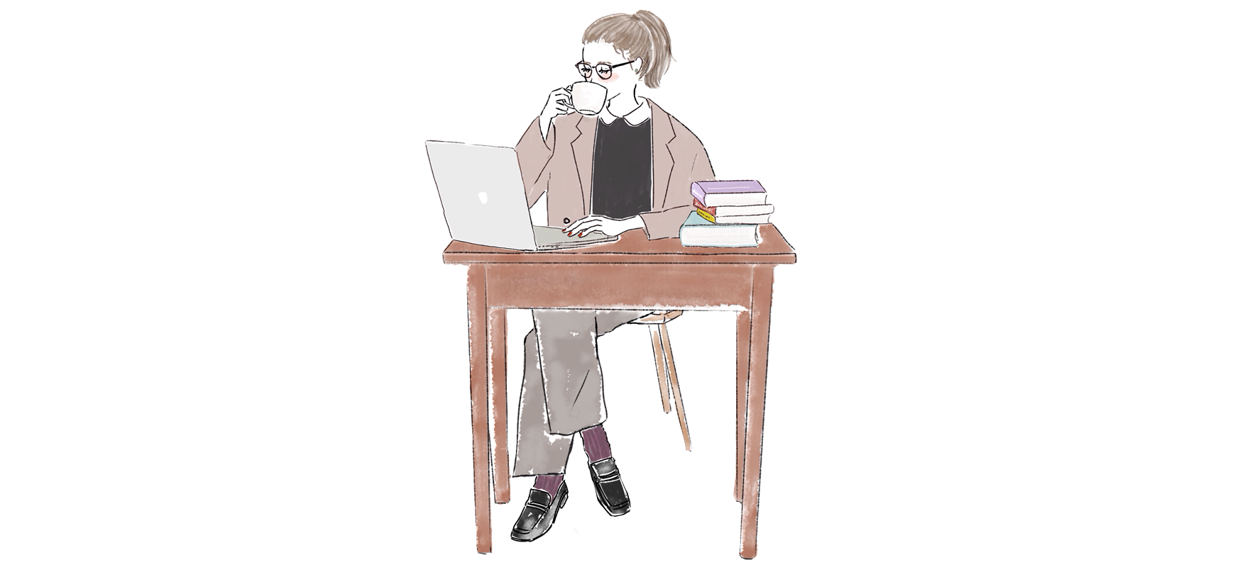 コーヒーを飲みながらマ考え込む女性のイラスト（ATAYCブログ用）