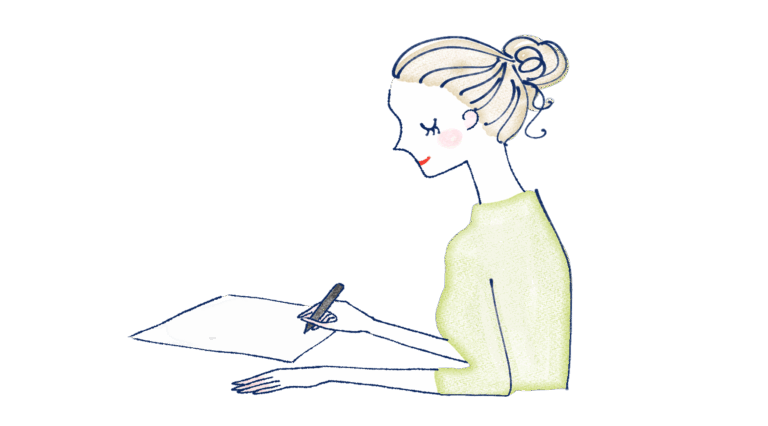 メモ用紙にプランを考えてる女性のイラスト（ATAYCブログ用）