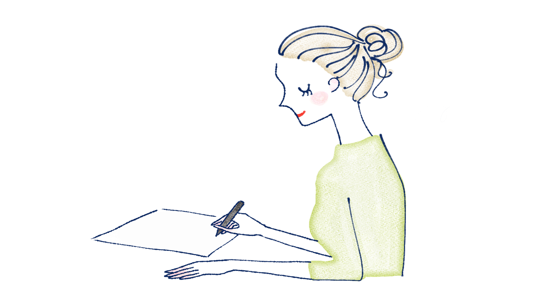 メモ用紙にプランを考えてる女性のイラスト（ATAYCブログ用）