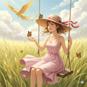 投資の成功を願うブランコに乗ってる女性の絵